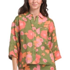 Magaschoni Floral 100% Linen Button-Up Shirt